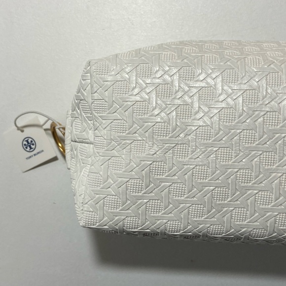 NWT Tory Burch White Basketweave Cosmetic Case Bag Gold Signature Hardware - Picture 8 of 16